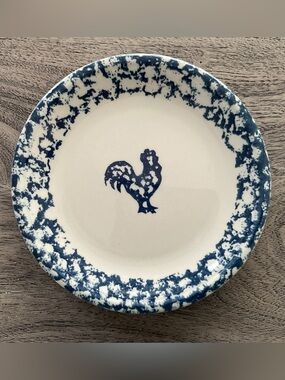 Vintage Tienshan Folk Craft Blue Sponge Rooster Salad Dessert Plate, 7-1/4”